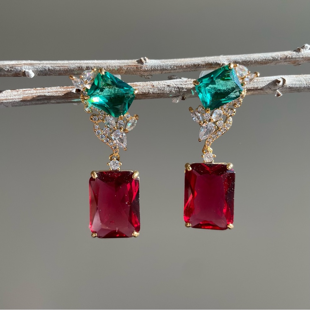 Stunning Red & Green Crystal Drop Earrings - Holiday Glam